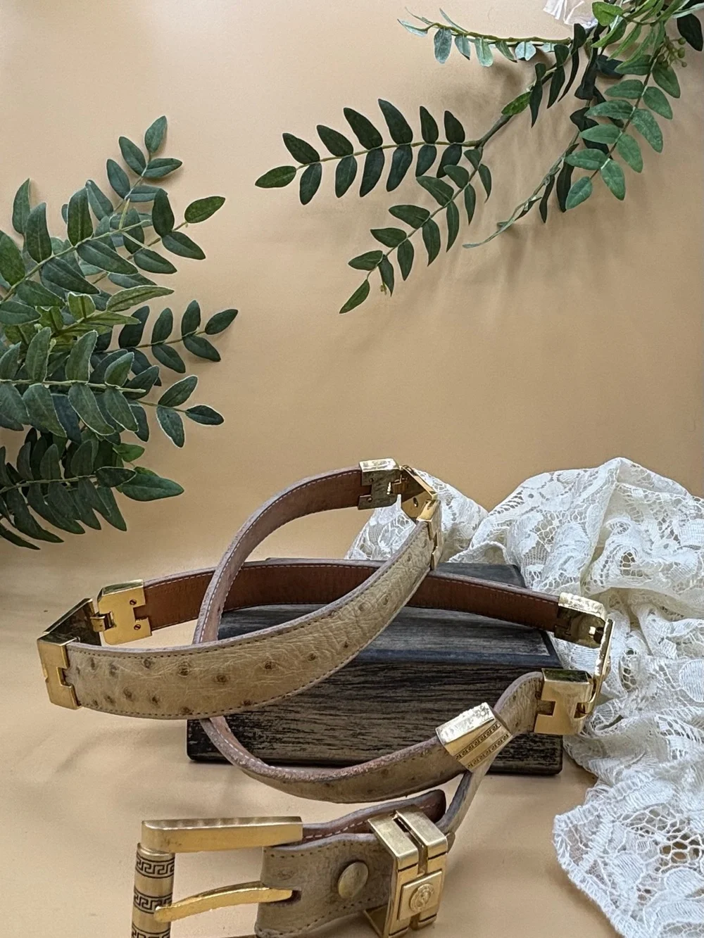 Genuine Beige Ostrich Leather Belt with Gold Hardwares